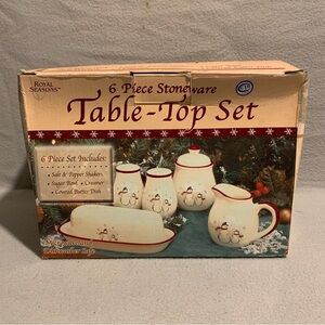 6 Piece Stoneware Set By Royal  Season Christmas Table Top Set Snowman Open Box
